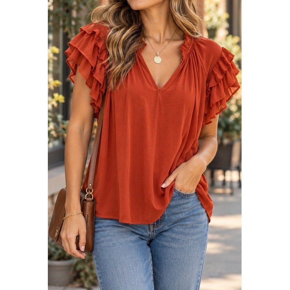 Calligraphie Womens Rust Orange Ruffle Tiered Sleeve V-Neck Satin Blouse Large